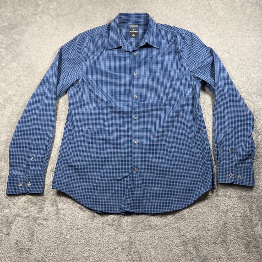 Bluffworks Meridian Dress Shirt Mens Medium Blue Check Plaid Slim Fit BL-BW251R
